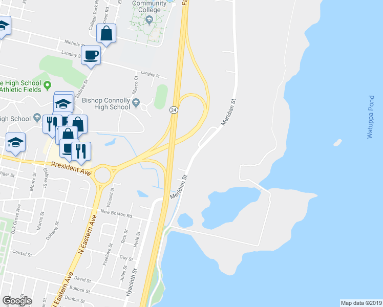 map of restaurants, bars, coffee shops, grocery stores, and more near 250 Meridian Street in Fall River