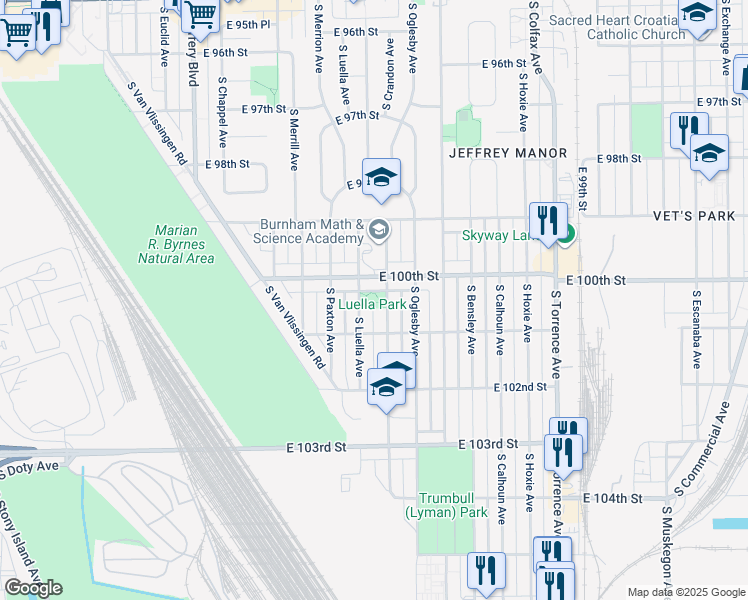map of restaurants, bars, coffee shops, grocery stores, and more near 10021 South Luella Avenue in Chicago