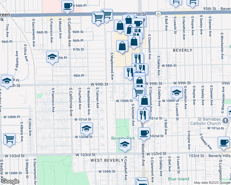 map of restaurants, bars, coffee shops, grocery stores, and more near 9901 South Maplewood Avenue in Chicago