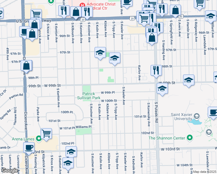 map of restaurants, bars, coffee shops, grocery stores, and more near 4216 West 99th Street in Oak Lawn