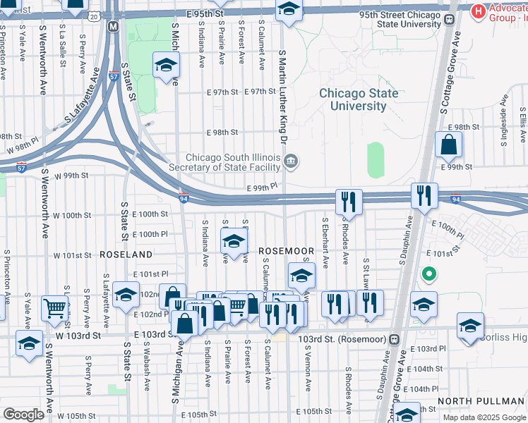 map of restaurants, bars, coffee shops, grocery stores, and more near 326 East 100th Street in Chicago