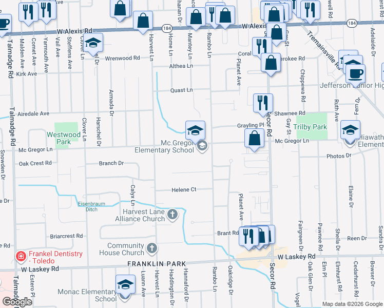 map of restaurants, bars, coffee shops, grocery stores, and more near 3535 Mc Gregor Lane in Toledo