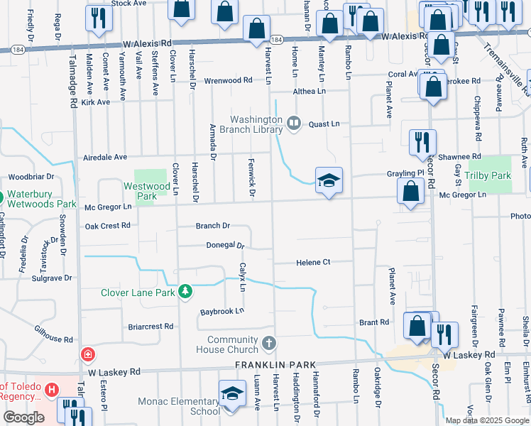map of restaurants, bars, coffee shops, grocery stores, and more near 5401 Harvest Lane in Toledo
