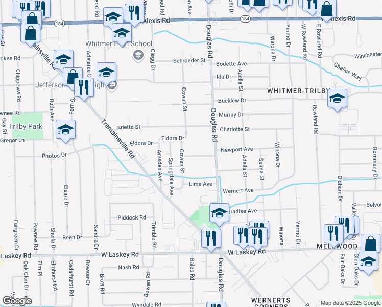 map of restaurants, bars, coffee shops, grocery stores, and more near 2556 Koehler Avenue in Toledo