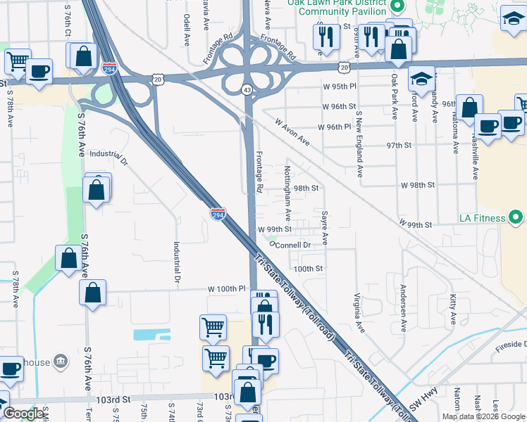 map of restaurants, bars, coffee shops, grocery stores, and more near 9805 Frontage Road in Chicago Ridge