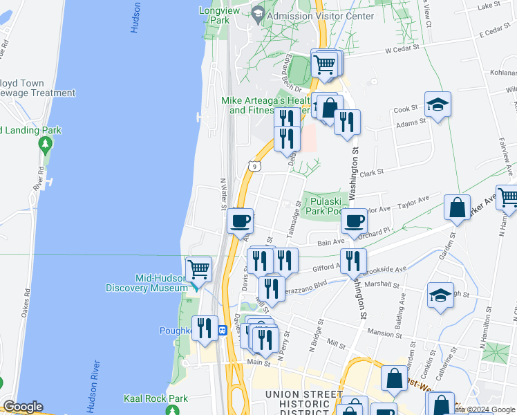 map of restaurants, bars, coffee shops, grocery stores, and more near 83 Albany Street in Poughkeepsie
