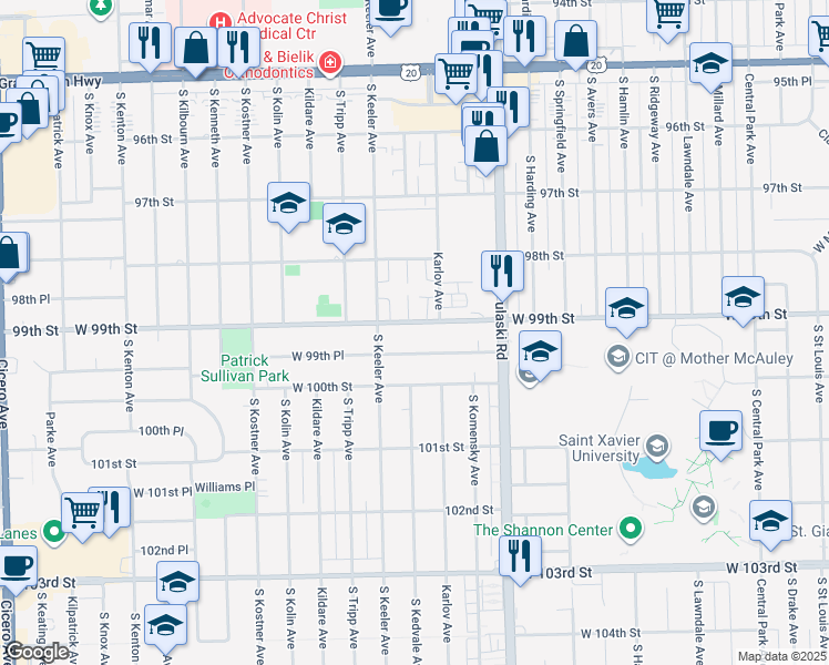 map of restaurants, bars, coffee shops, grocery stores, and more near 4117 West 99th Street in Oak Lawn