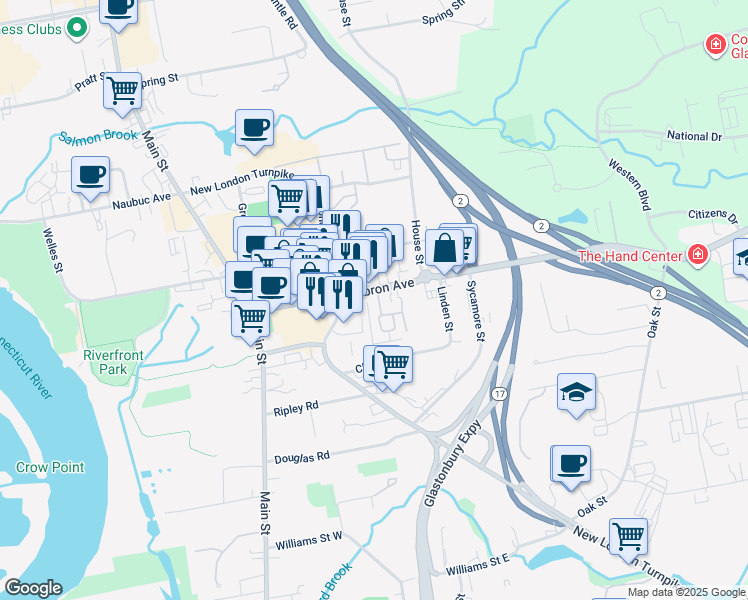 map of restaurants, bars, coffee shops, grocery stores, and more near 255 Hebron Avenue in Glastonbury