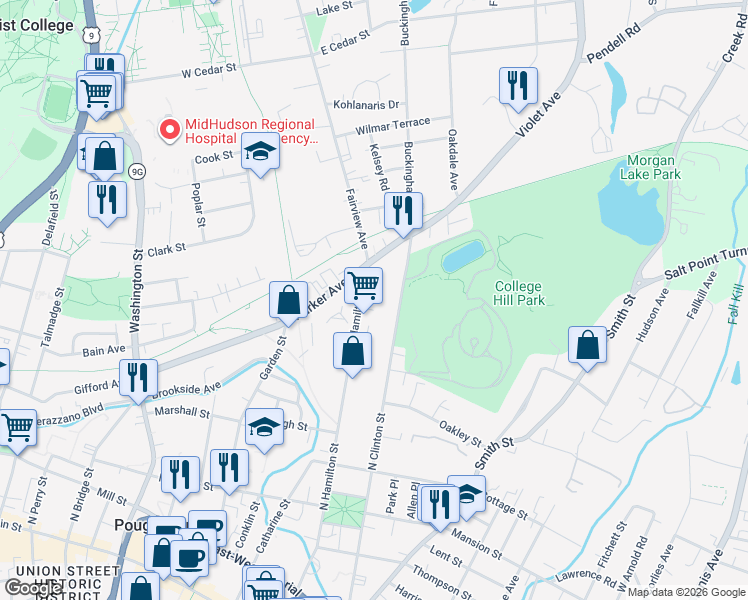 map of restaurants, bars, coffee shops, grocery stores, and more near 214 North Hamilton Street in Poughkeepsie