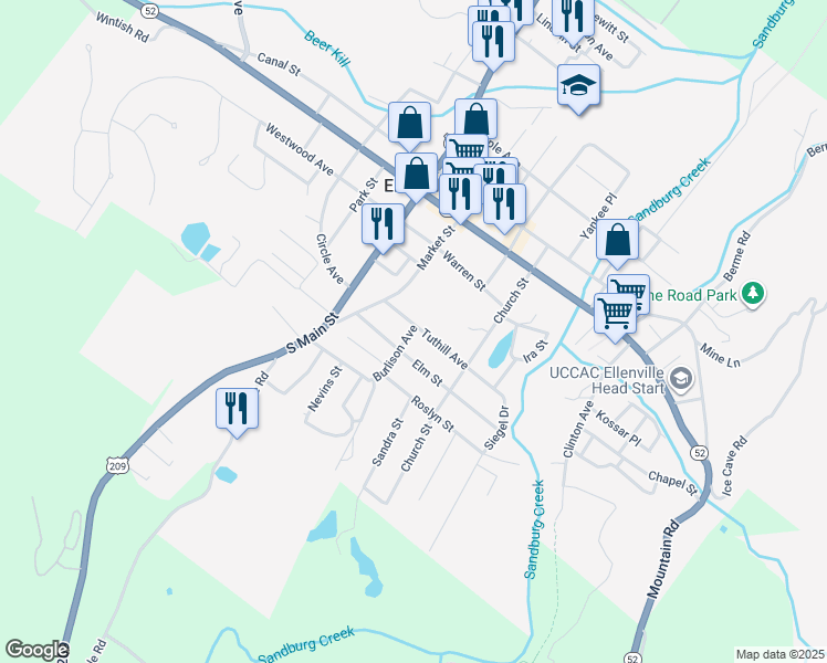 map of restaurants, bars, coffee shops, grocery stores, and more near 12 Tuthill Avenue in Ellenville