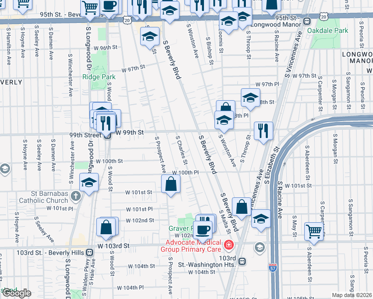 map of restaurants, bars, coffee shops, grocery stores, and more near 9910 South Beverly Boulevard in Chicago