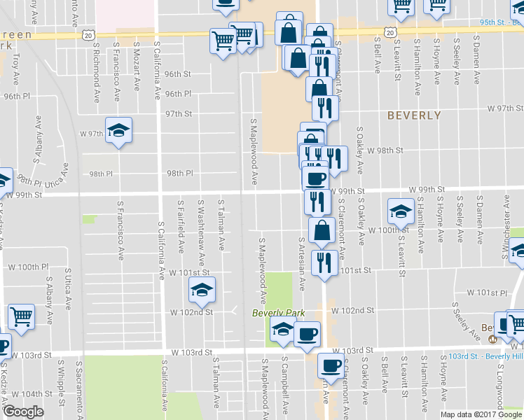 map of restaurants, bars, coffee shops, grocery stores, and more near 9901 South Maplewood Avenue in Chicago
