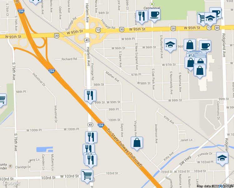 map of restaurants, bars, coffee shops, grocery stores, and more near 7035 98th Street in Chicago Ridge