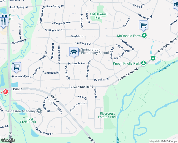 map of restaurants, bars, coffee shops, grocery stores, and more near 2793 Wedgewood Drive in Naperville