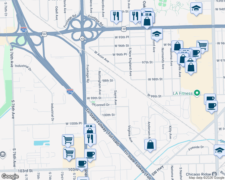 map of restaurants, bars, coffee shops, grocery stores, and more near 9826 Sayre Avenue in Chicago Ridge