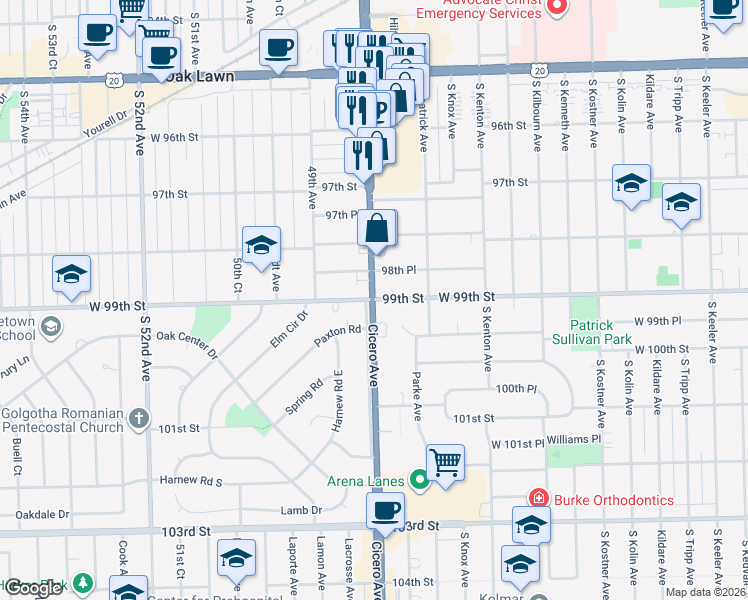 map of restaurants, bars, coffee shops, grocery stores, and more near South Cicero Avenue & 99th Street in Oak Lawn