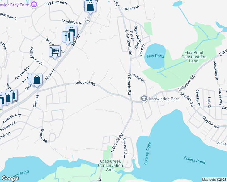 map of restaurants, bars, coffee shops, grocery stores, and more near 158 Setucket Road in Yarmouth