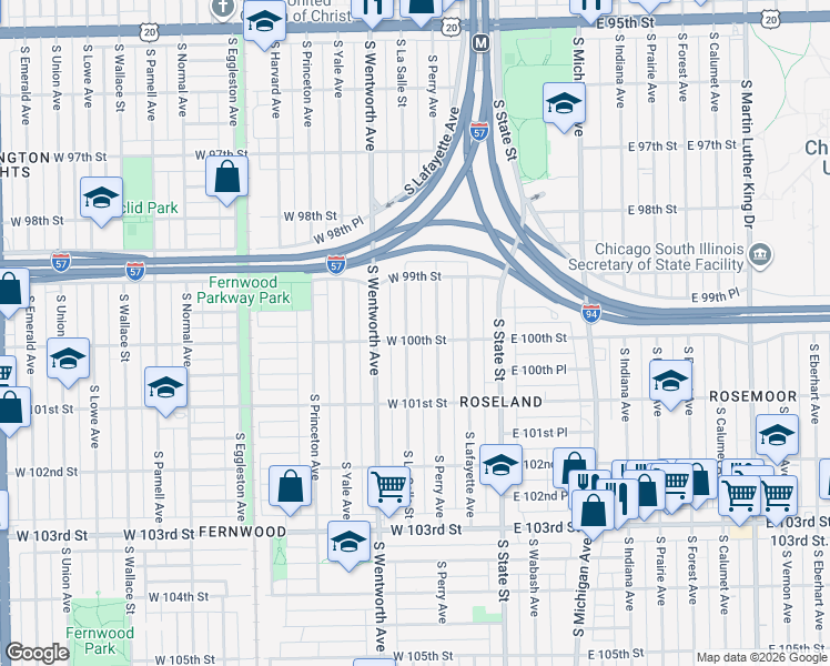 map of restaurants, bars, coffee shops, grocery stores, and more near 9955 South La Salle Street in Chicago