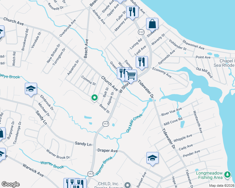 map of restaurants, bars, coffee shops, grocery stores, and more near in Warwick