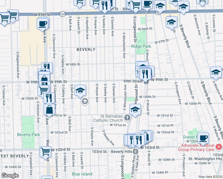 map of restaurants, bars, coffee shops, grocery stores, and more near 9906 South Damen Avenue in Chicago