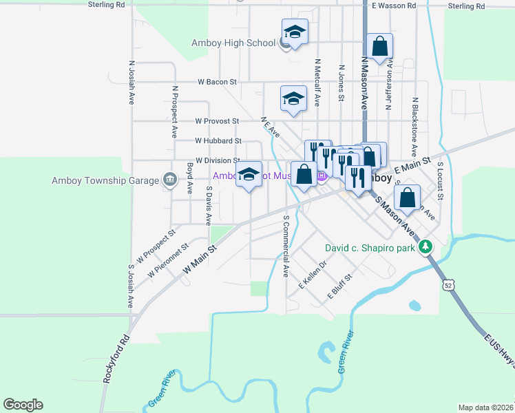map of restaurants, bars, coffee shops, grocery stores, and more near 124 South Stroble Avenue in Amboy