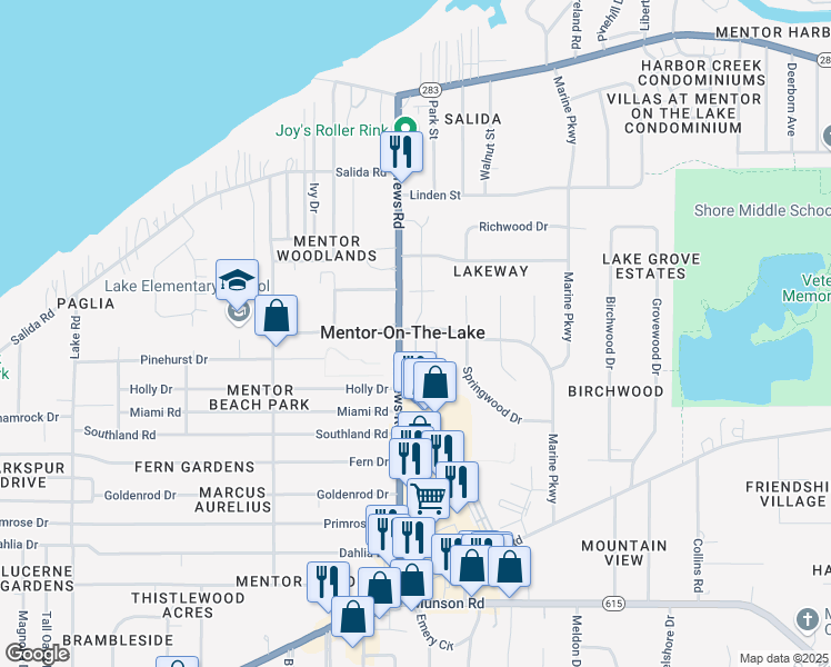 map of restaurants, bars, coffee shops, grocery stores, and more near 5839 Buckeye Lane in Mentor-on-the-Lake