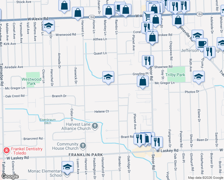 map of restaurants, bars, coffee shops, grocery stores, and more near 3535 Mc Gregor Lane in Toledo