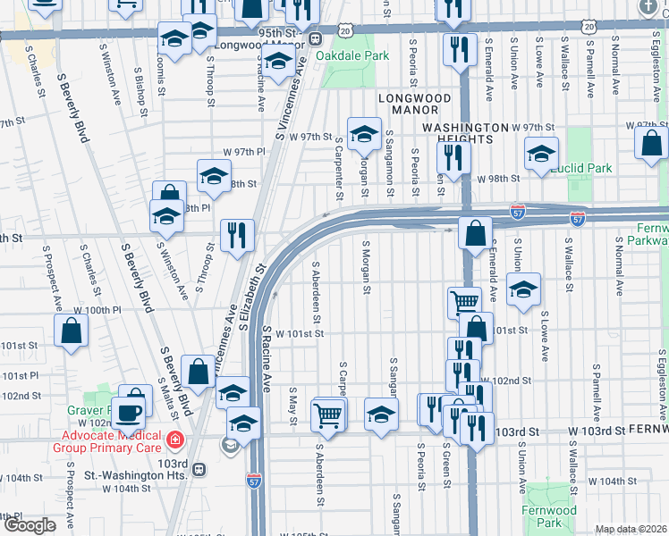 map of restaurants, bars, coffee shops, grocery stores, and more near 9916 South Carpenter Street in Chicago