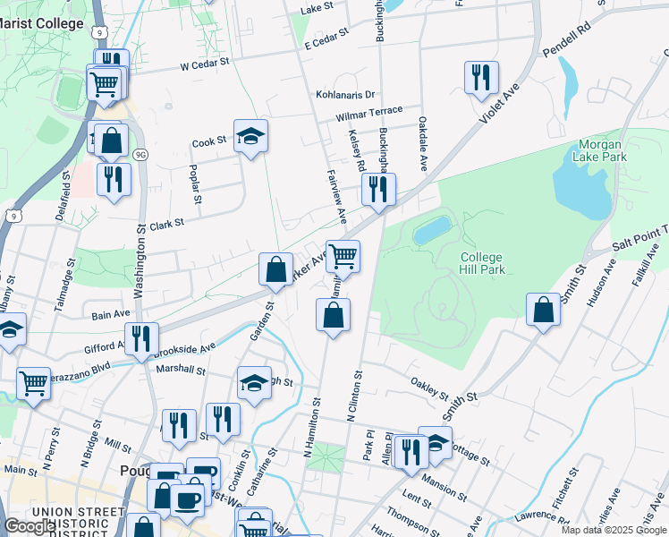 map of restaurants, bars, coffee shops, grocery stores, and more near 200 North Hamilton Street in Poughkeepsie
