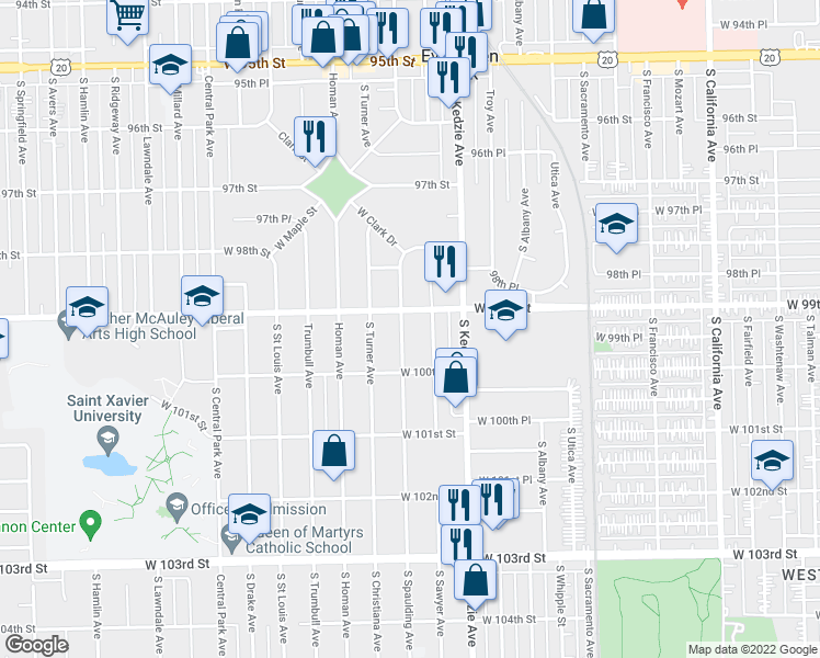 map of restaurants, bars, coffee shops, grocery stores, and more near 9917 South Spaulding Avenue in Evergreen Park