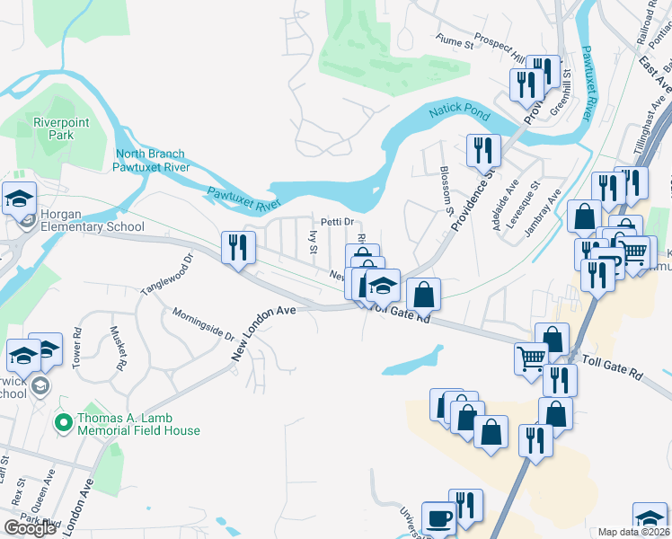 map of restaurants, bars, coffee shops, grocery stores, and more near 37 Newell Street in West Warwick