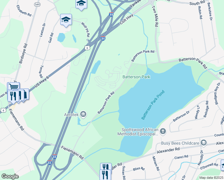 map of restaurants, bars, coffee shops, grocery stores, and more near 76 Batterson Park Road in Farmington