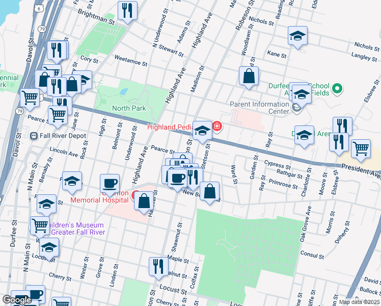 map of restaurants, bars, coffee shops, grocery stores, and more near 214 Read Street in Fall River
