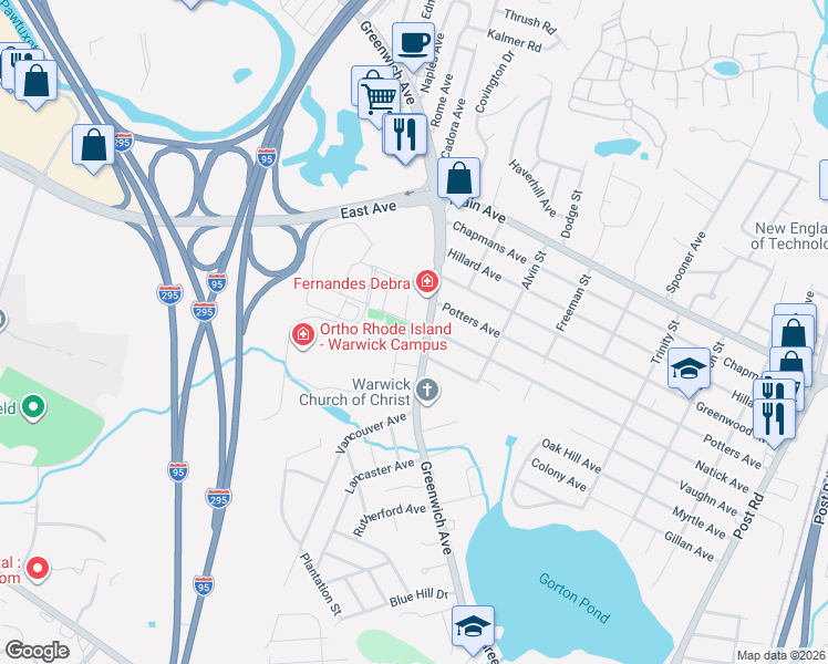 map of restaurants, bars, coffee shops, grocery stores, and more near 22 Quinlan Court in Warwick