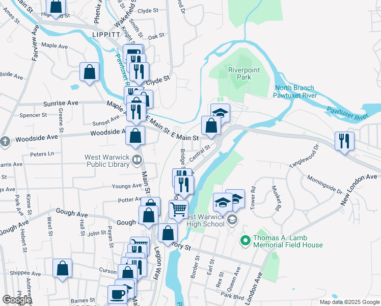 map of restaurants, bars, coffee shops, grocery stores, and more near 33 Bridge Street in West Warwick