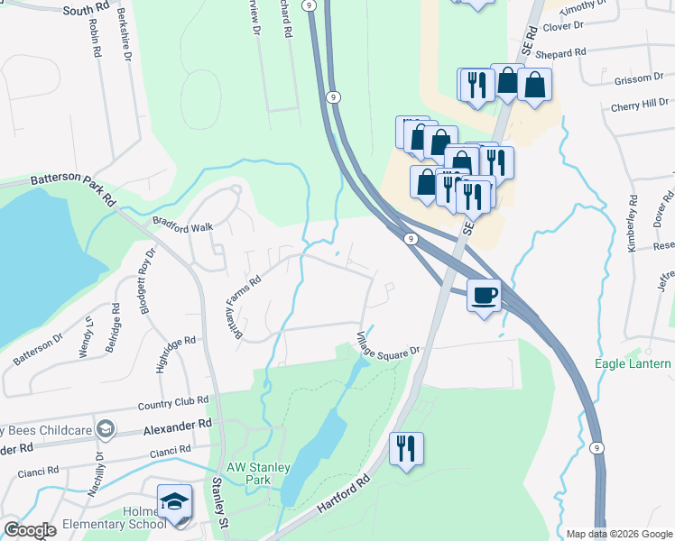 map of restaurants, bars, coffee shops, grocery stores, and more near 400 Brittany Farms Road in New Britain