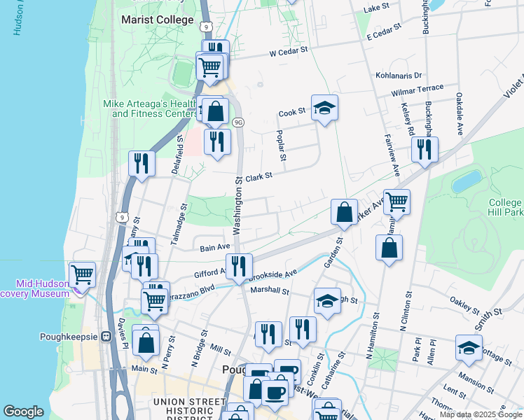 map of restaurants, bars, coffee shops, grocery stores, and more near 159 Washington Street in Poughkeepsie
