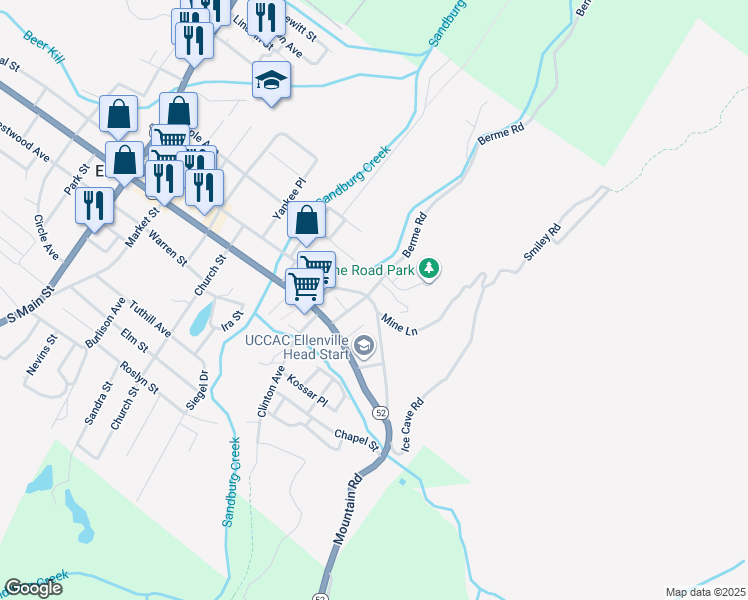 map of restaurants, bars, coffee shops, grocery stores, and more near 5 Berme Road in Ellenville