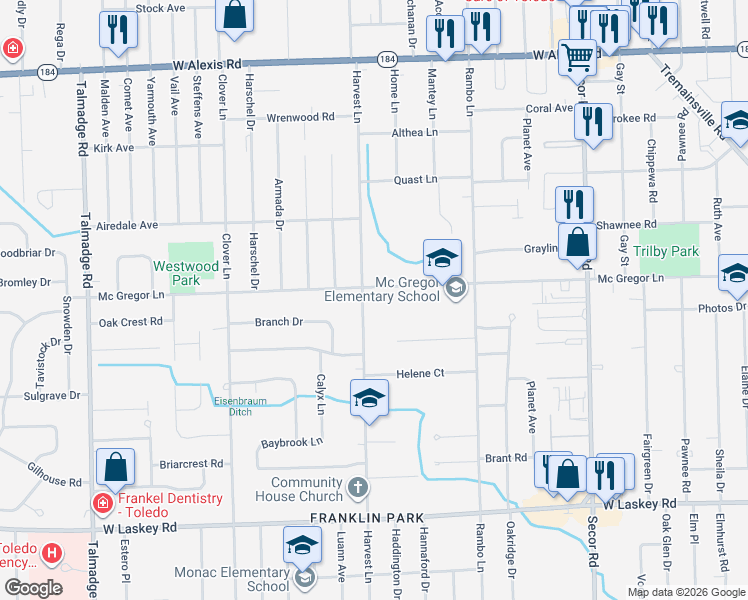 map of restaurants, bars, coffee shops, grocery stores, and more near 3644 Mc Gregor Lane in Toledo