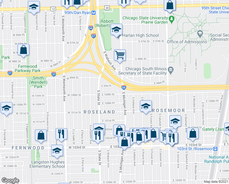 map of restaurants, bars, coffee shops, grocery stores, and more near 60 East 99th Place in Chicago