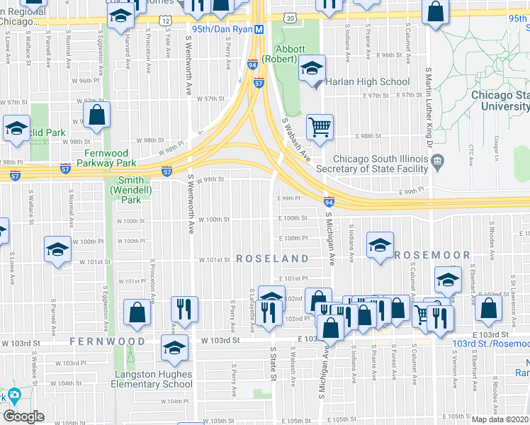 map of restaurants, bars, coffee shops, grocery stores, and more near 9928 South State Street in Chicago