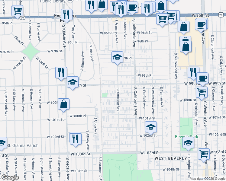 map of restaurants, bars, coffee shops, grocery stores, and more near 2909 West 99th Street in Evergreen Park
