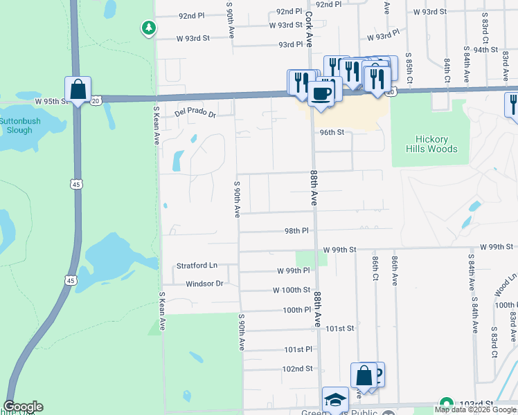 map of restaurants, bars, coffee shops, grocery stores, and more near 9731 89th Avenue in Palos Hills