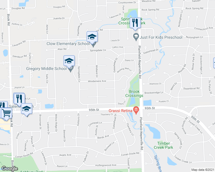 map of restaurants, bars, coffee shops, grocery stores, and more near 1251 Windemere Avenue in Naperville