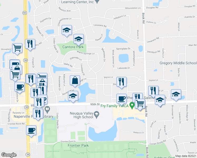 map of restaurants, bars, coffee shops, grocery stores, and more near 2847 Bluewater Circle in Naperville