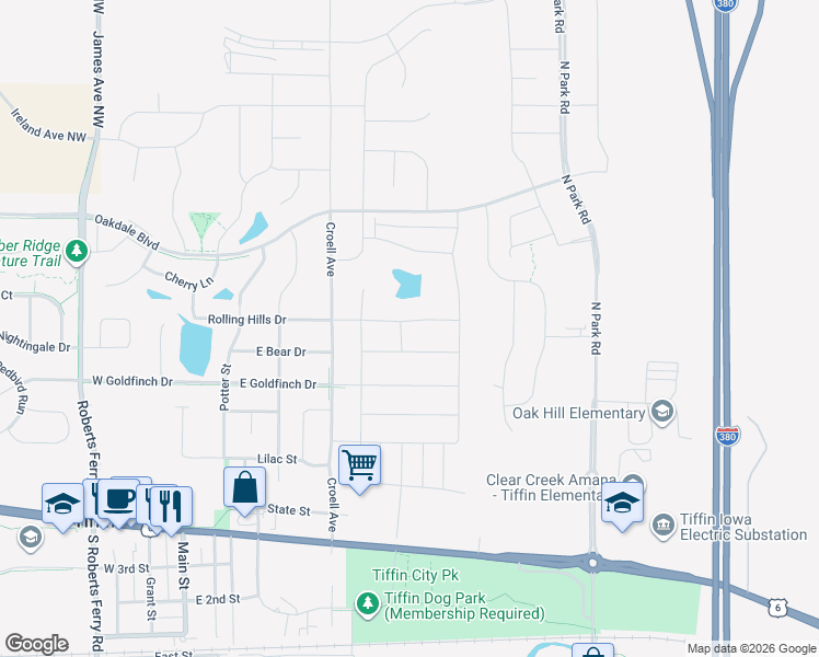 map of restaurants, bars, coffee shops, grocery stores, and more near 699 Rolling Hills Drive in Tiffin