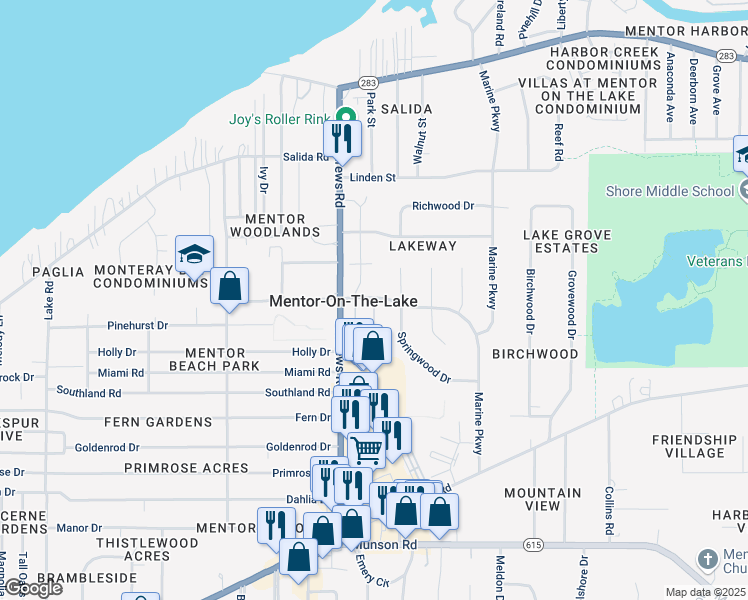 map of restaurants, bars, coffee shops, grocery stores, and more near 5838 Birch Lane in Mentor-on-the-Lake