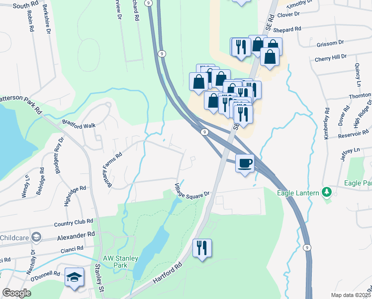 map of restaurants, bars, coffee shops, grocery stores, and more near 185 Village Square Road in New Britain