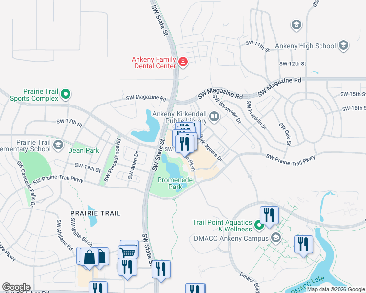 map of restaurants, bars, coffee shops, grocery stores, and more near 1450 Southwest Vintage Parkway in Ankeny