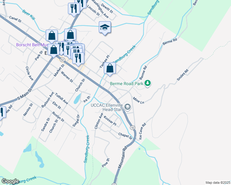 map of restaurants, bars, coffee shops, grocery stores, and more near 9 Towpath Lane in Ellenville